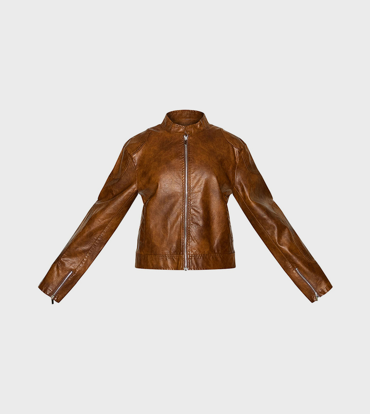 Faux Leather Washed Boxy Biker Jacket