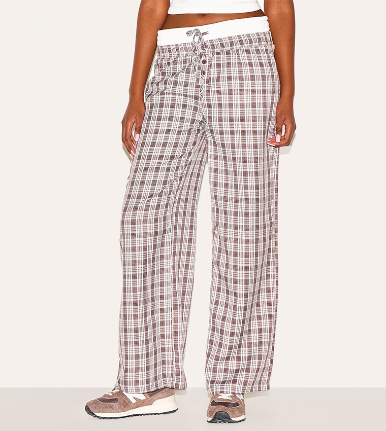 Buy PrettyLittleThing Plaid Button Front Straight Fit Trousers In