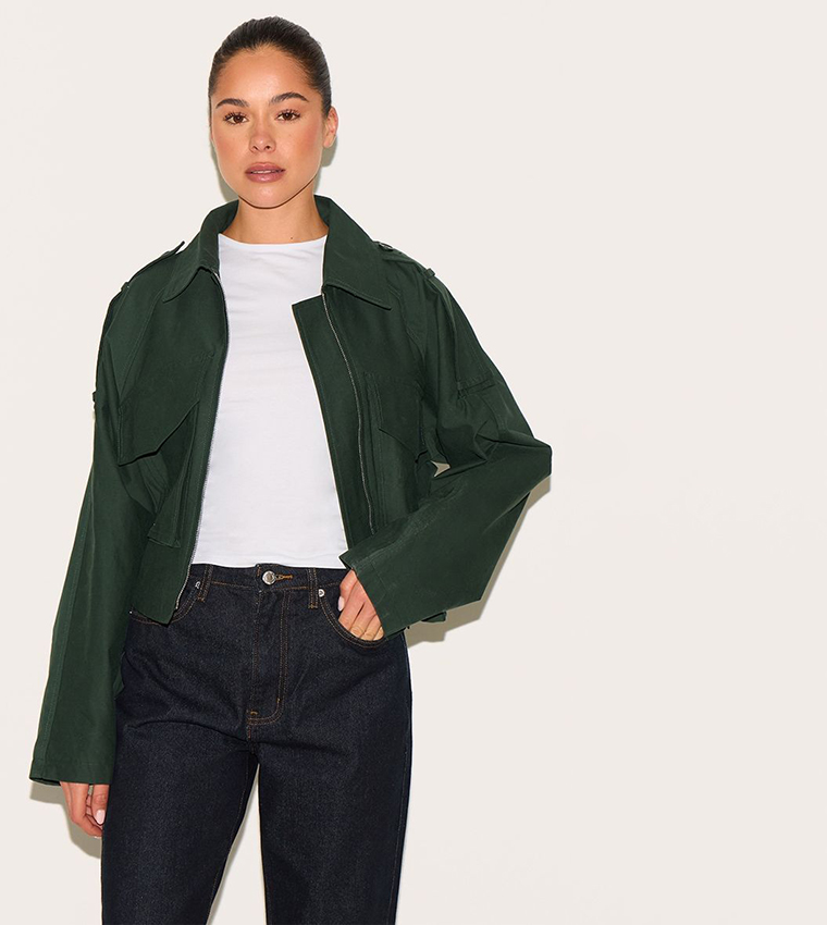 Trench Detail Cropped Zip-Through Jacket