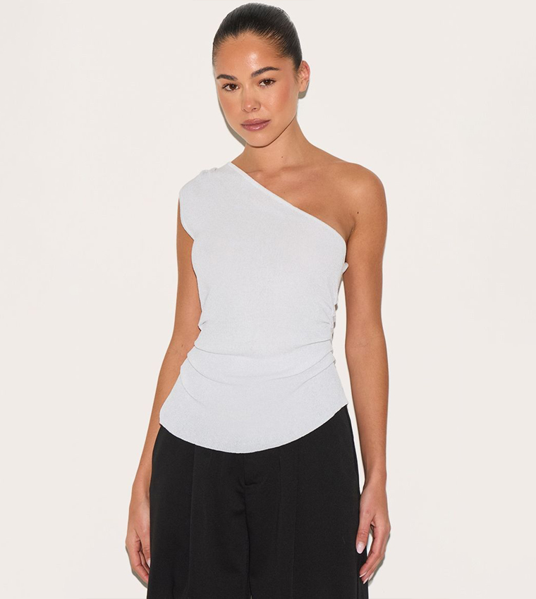 Fine Knit One Shoulder Ruched Side Top