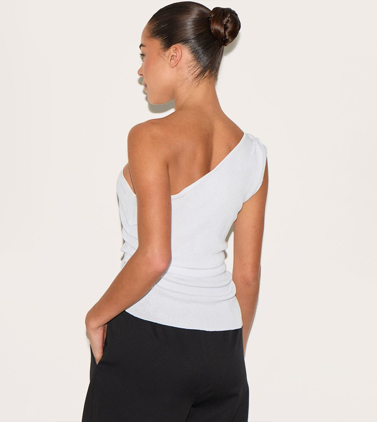 Fine Knit One Shoulder Ruched Side Top