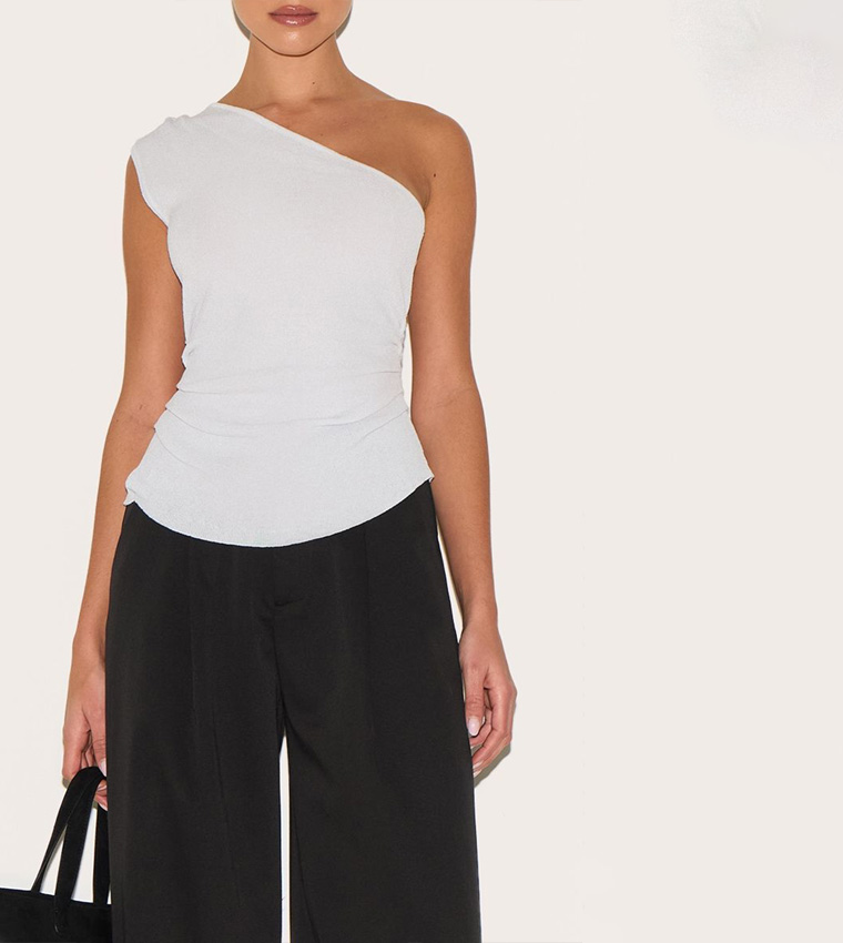 Fine Knit One Shoulder Ruched Side Top