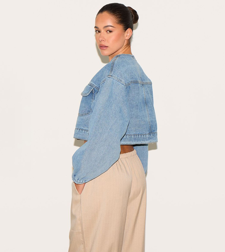 Washed Round Neck Crop Denim Jacket