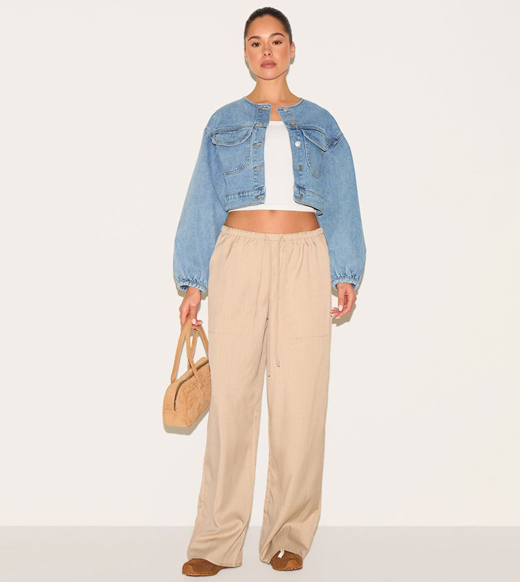 Washed Round Neck Crop Denim Jacket