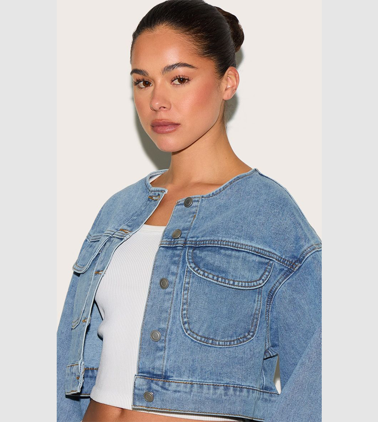 Washed Round Neck Crop Denim Jacket
