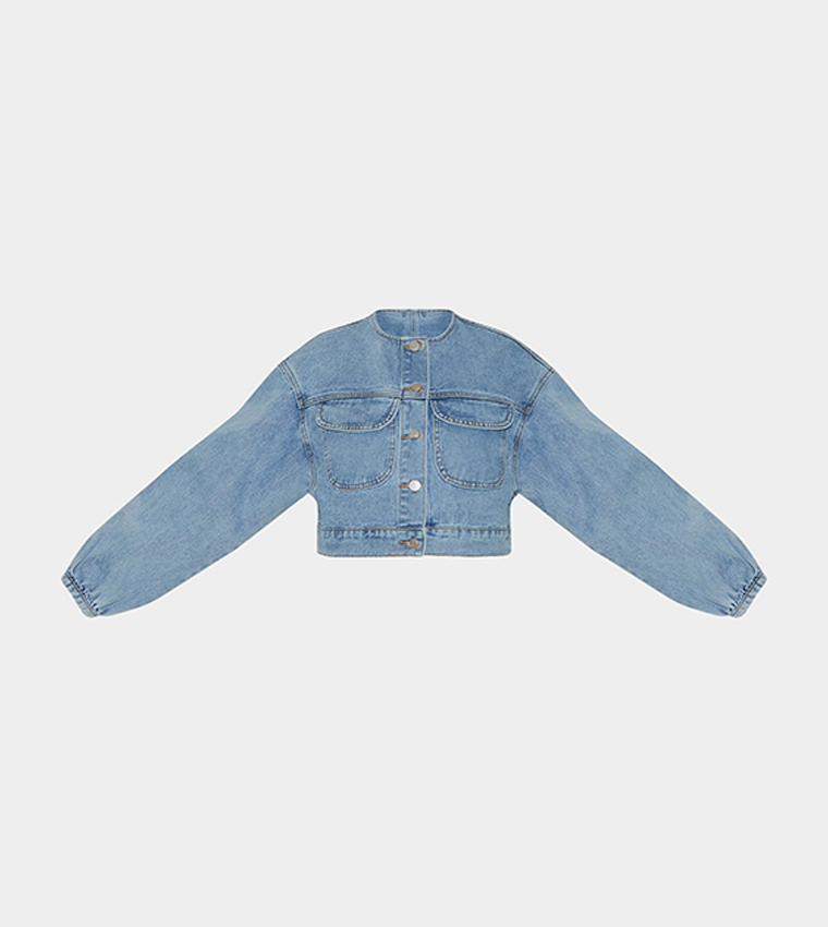 Washed Round Neck Crop Denim Jacket