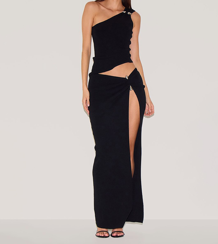 Fine Knit Trim Detail Side Split Maxi Skirt