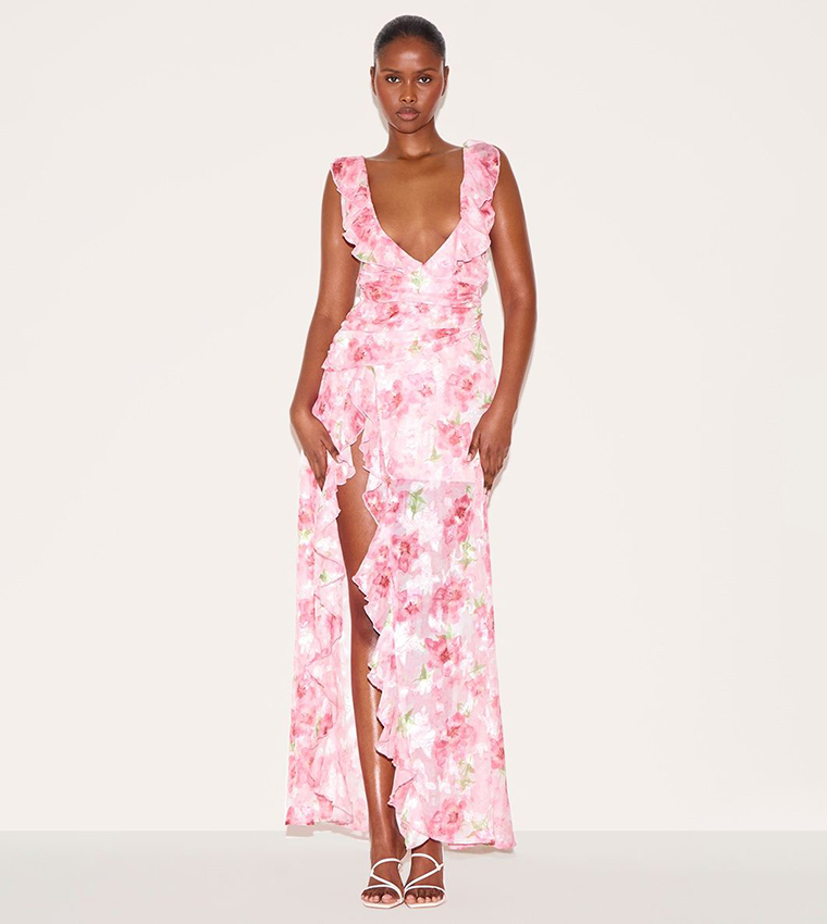 Floral Print Chiffon Frill Plunge Strappy Maxi Dress