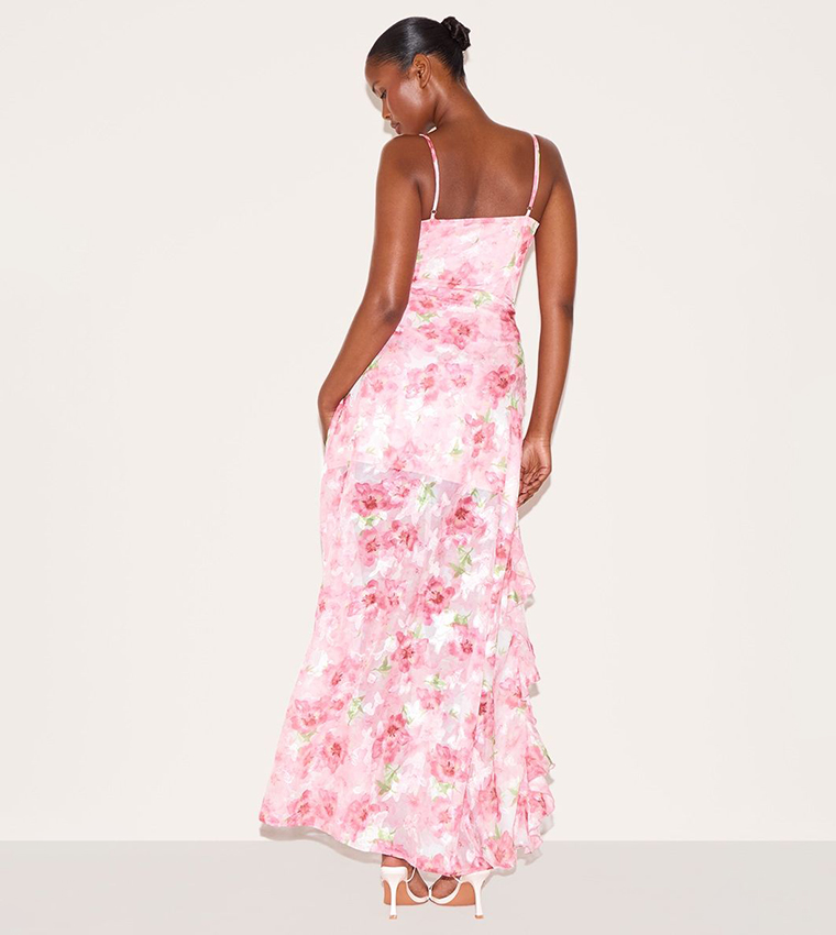 Floral Print Chiffon Frill Plunge Strappy Maxi Dress