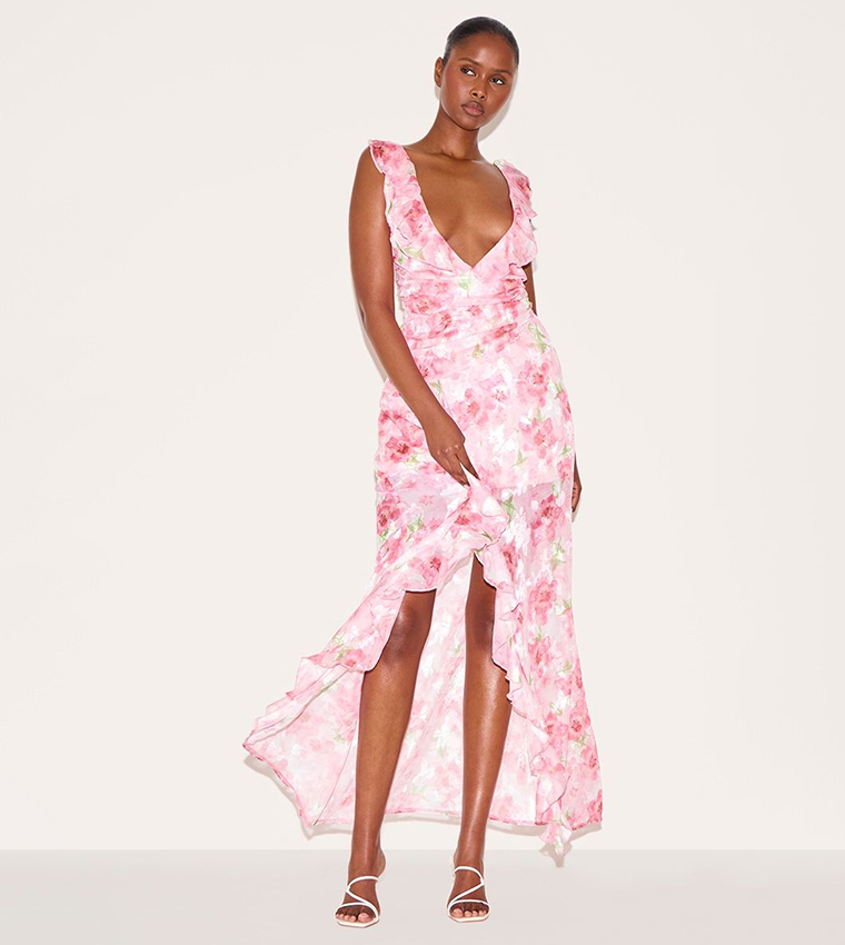 Floral Print Chiffon Frill Plunge Strappy Maxi Dress