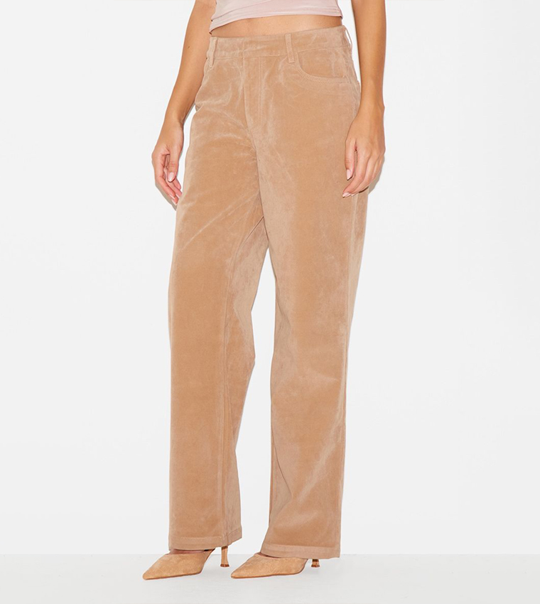 Faux Suede Mid Rise Straight Fit Trousers