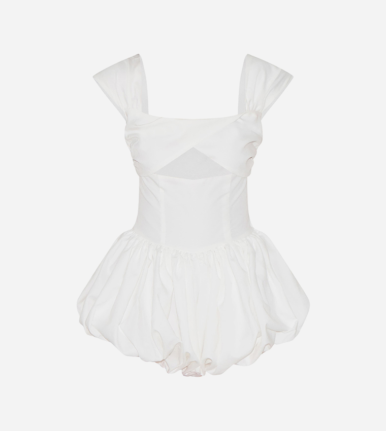 Woven Puffball Cap Sleeves Playsuit