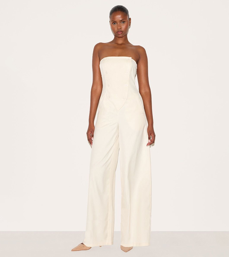 Tailored Woven Button Up Wide Leg Bandeau Jumpsuit