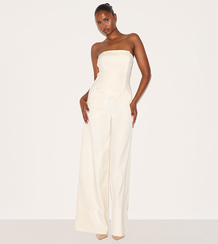 Tailored Woven Button Up Wide Leg Bandeau Jumpsuit