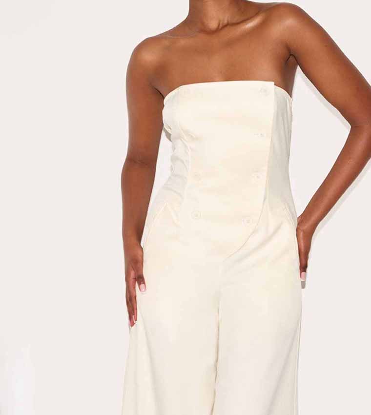 Tailored Woven Button Up Wide Leg Bandeau Jumpsuit