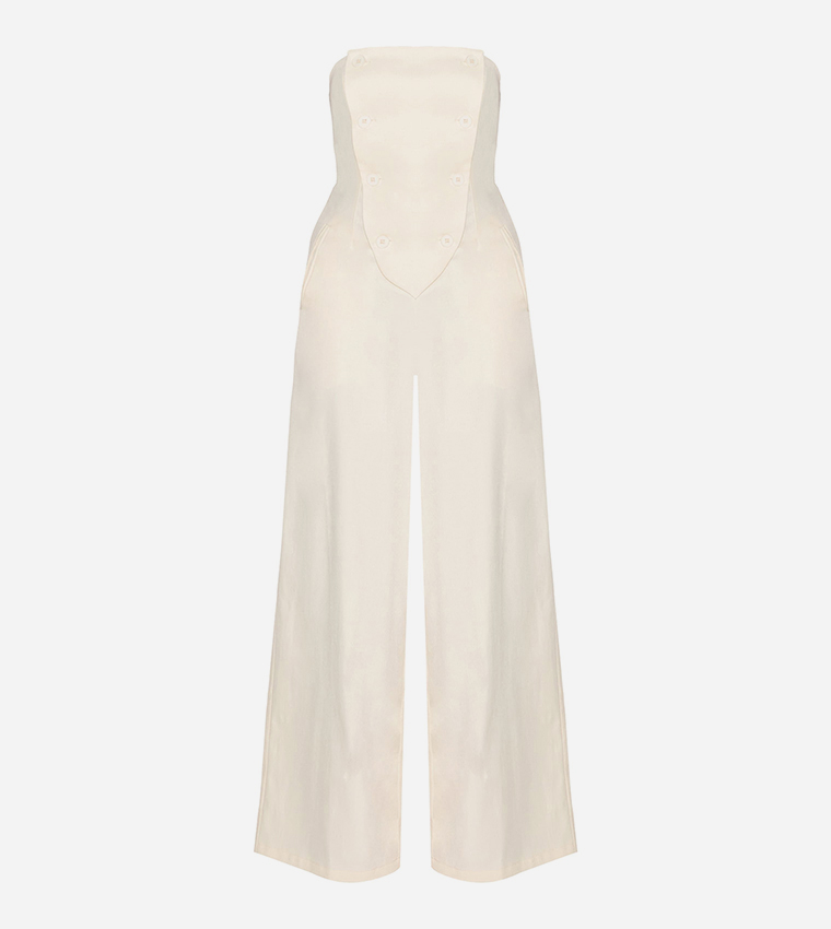 Tailored Woven Button Up Wide Leg Bandeau Jumpsuit