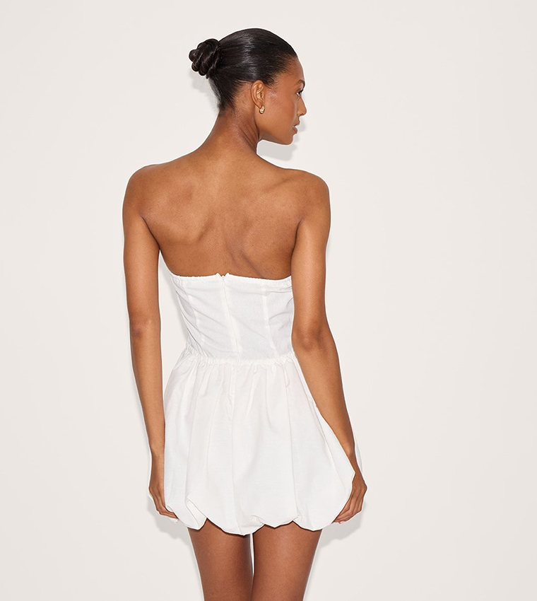Linen Strapless Tie Waist Puffball Mini Dress