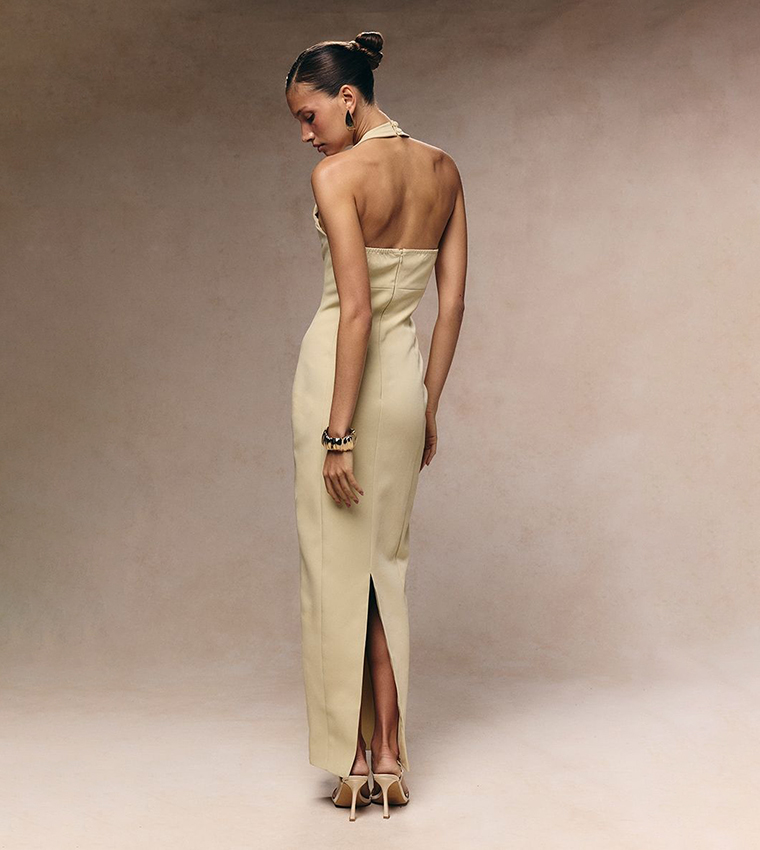 Solid Halterneck Button Maxi Dress