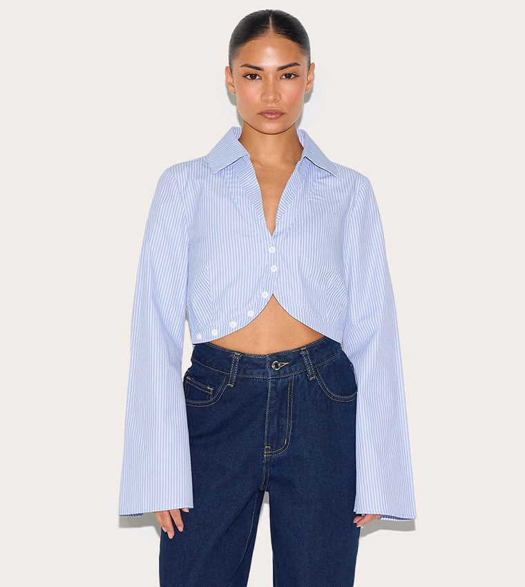 Petite Pinstriped Long Sleeves Cropped Shirt