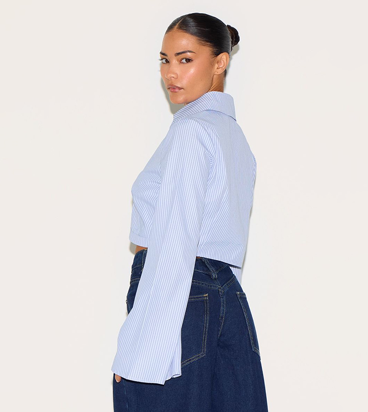 Petite Pinstriped Long Sleeves Cropped Shirt