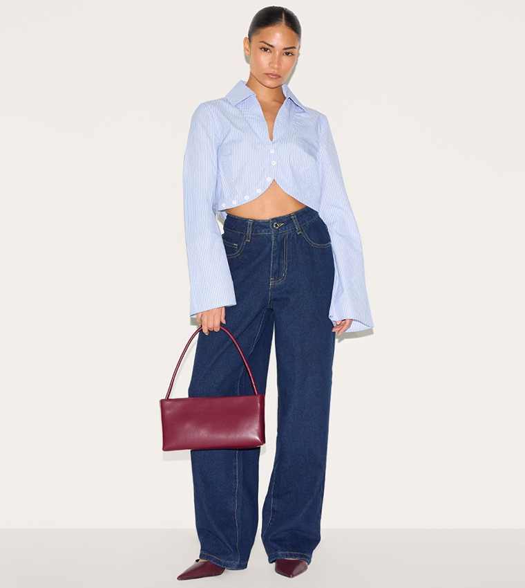 Petite Pinstriped Long Sleeves Cropped Shirt