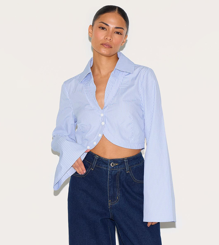 Petite Pinstriped Long Sleeves Cropped Shirt