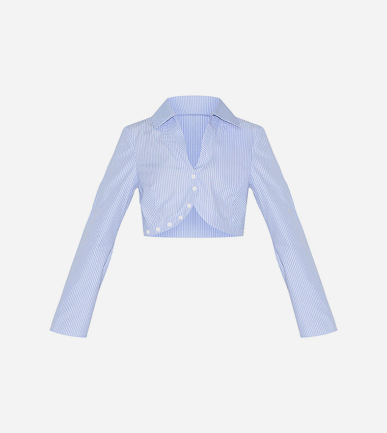 Petite Pinstriped Long Sleeves Cropped Shirt
