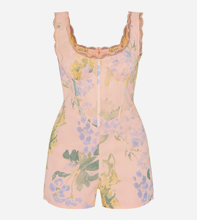Floral Printed Chiffon Corset Detail Playsuit
