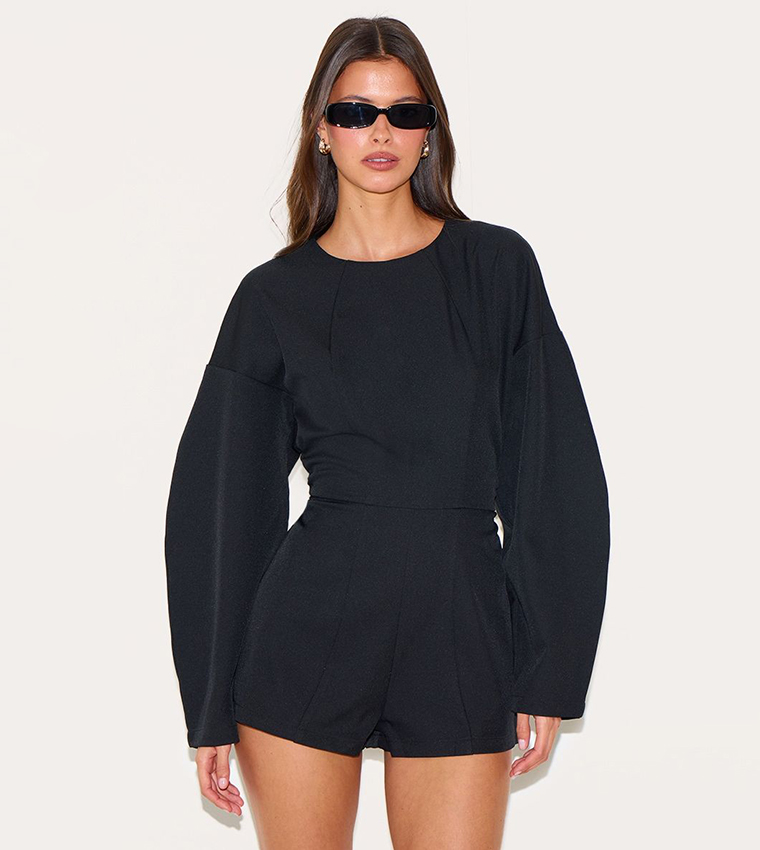 Tailored Woven Crew Neck Balloon Sleeves Playsuit