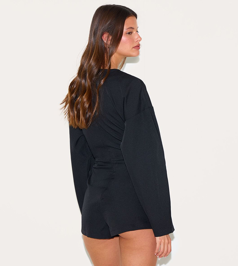 Tailored Woven Crew Neck Balloon Sleeves Playsuit