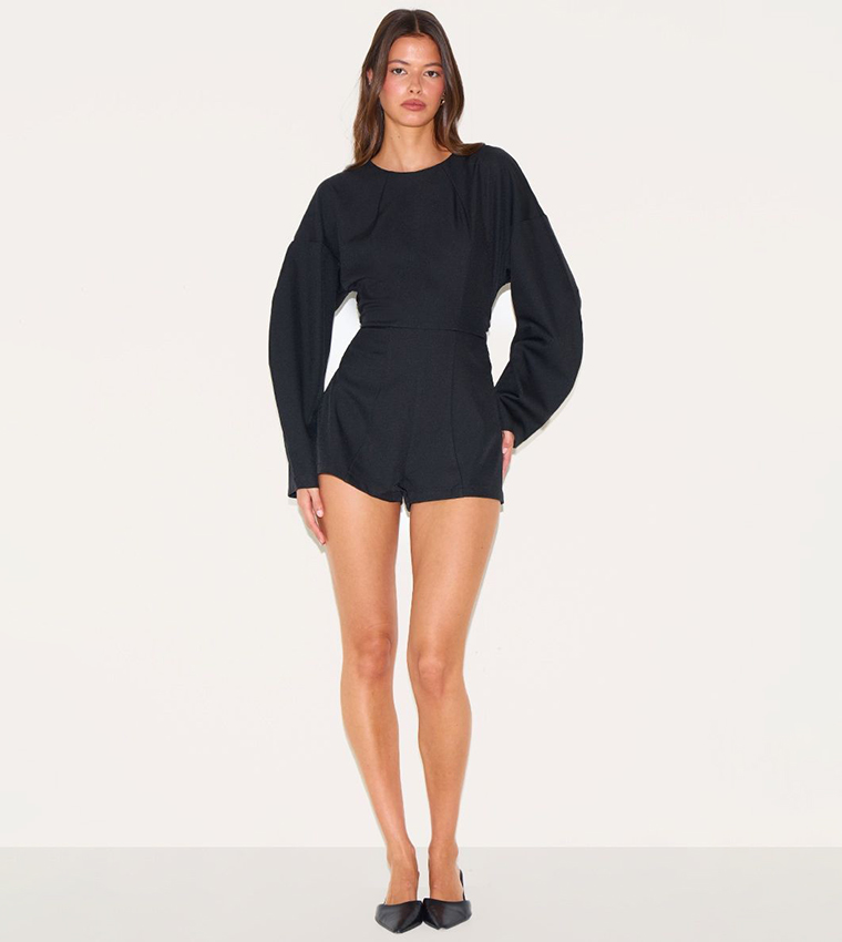 Tailored Woven Crew Neck Balloon Sleeves Playsuit