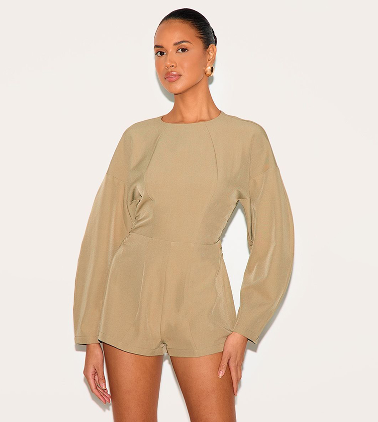 Tailored Woven Crew Neck Balloon Sleeves Playsuit