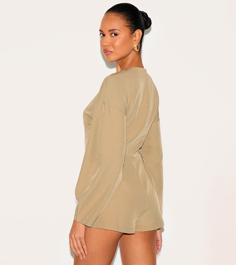 Tailored Woven Crew Neck Balloon Sleeves Playsuit