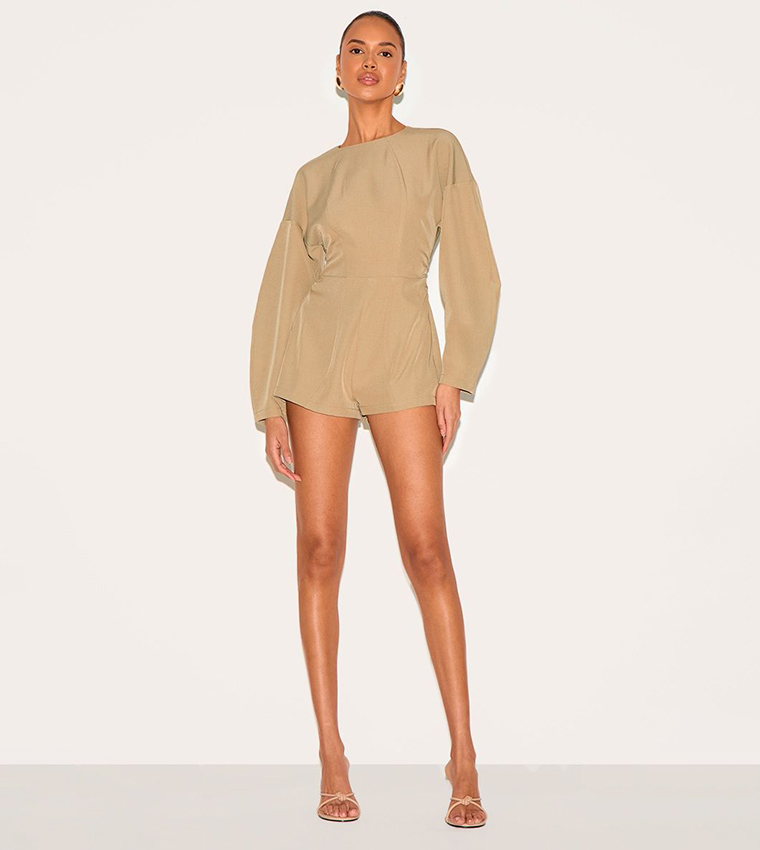 Tailored Woven Crew Neck Balloon Sleeves Playsuit