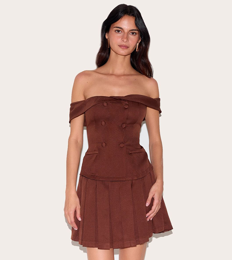 Tailored Button Detail Bardot Pleated Skort Playsuit