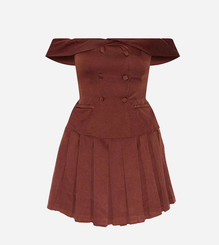 Tailored Button Detail Bardot Pleated Skort Playsuit