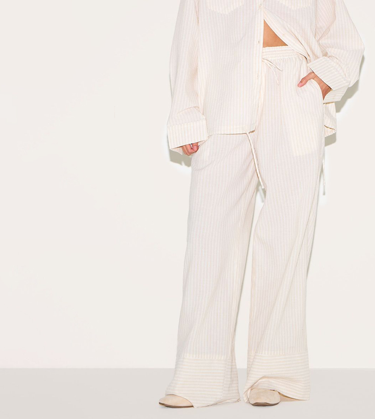 Striped Linen Drawstring Waist Wide Leg Trousers