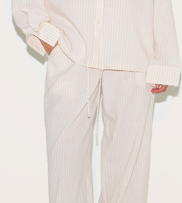 Striped Linen Drawstring Waist Wide Leg Trousers
