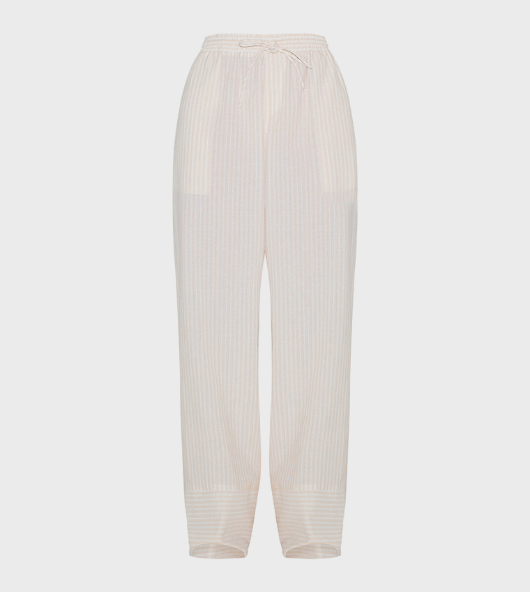 Striped Linen Drawstring Waist Wide Leg Trousers