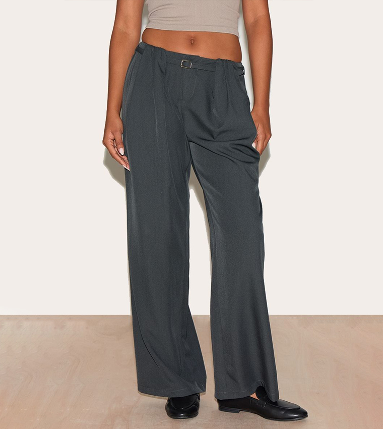 Pleated Belt Detail Wide Leg Trousers