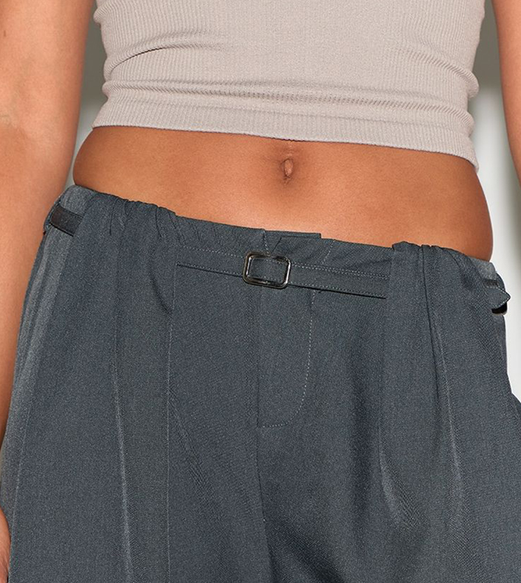 Pleated Belt Detail Wide Leg Trousers