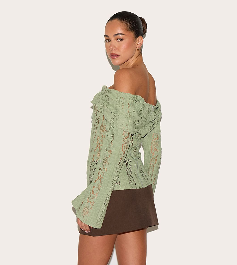 Fitted Lace Flared Sleeves Bardot Top