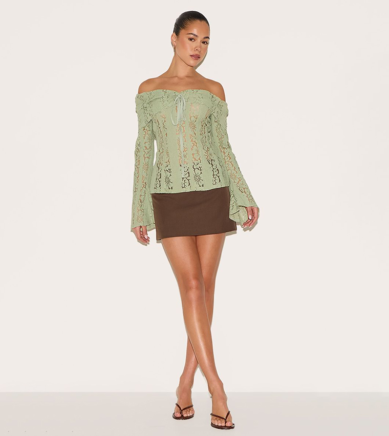 Fitted Lace Flared Sleeves Bardot Top