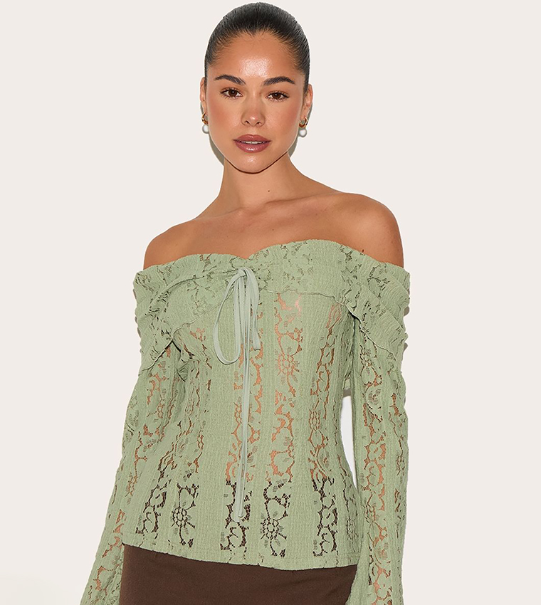 Fitted Lace Flared Sleeves Bardot Top