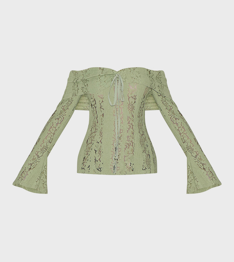Fitted Lace Flared Sleeves Bardot Top