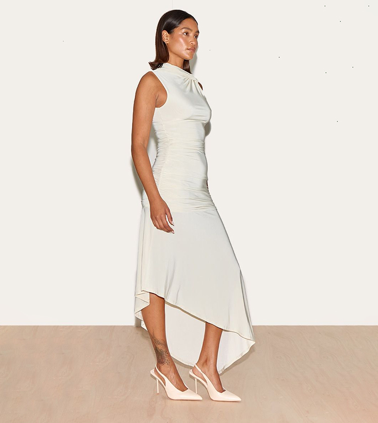 Double Layer Slinky Asymmetrical Ruched Midaxi Dress