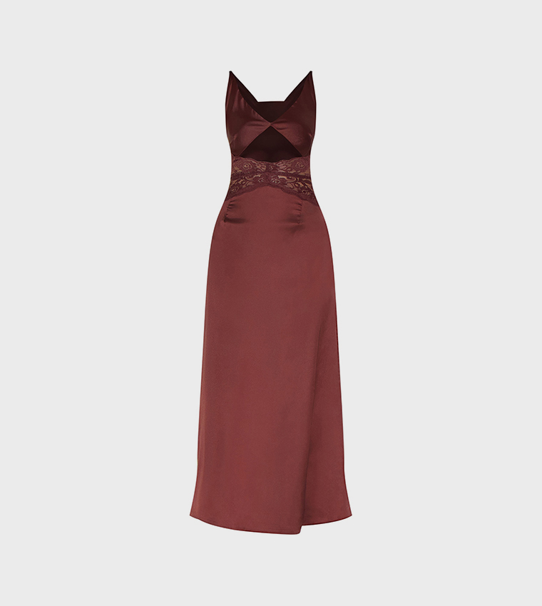 فستان ماكسي ساتان بتدخيلات دانتيل 