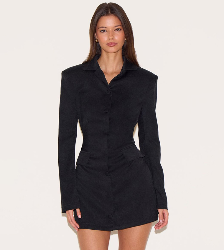 Tailored Button Up Pocket Detail Mini Dress