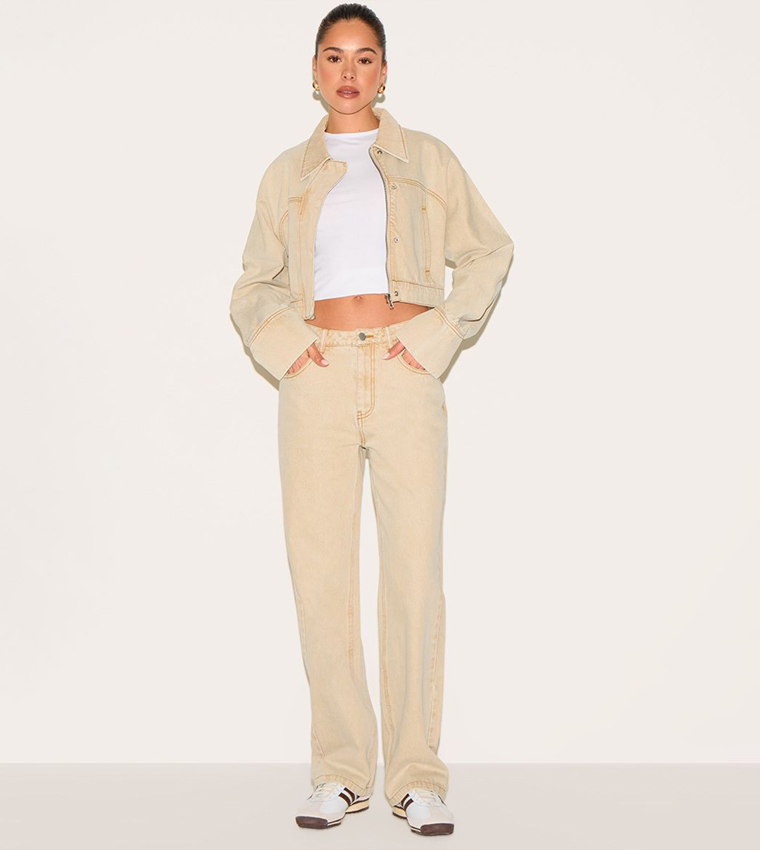 Washed Deep Cuff Concealed Button Denim Crop Jacket