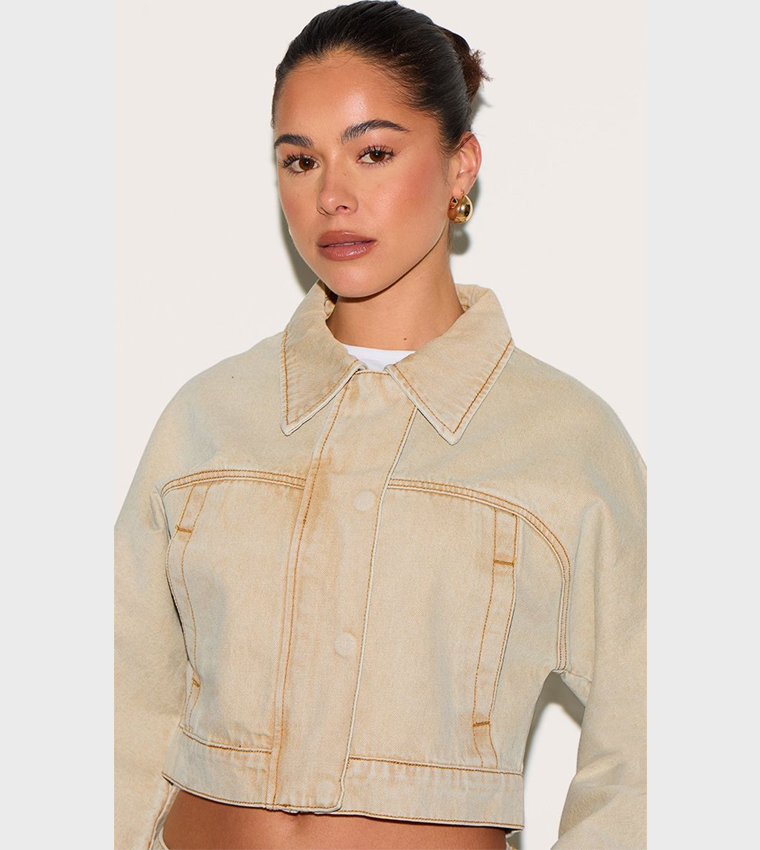 Washed Deep Cuff Concealed Button Denim Crop Jacket